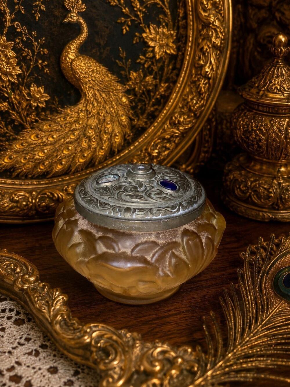 Antique Art Deco Satin Amber Glass Dresser Jar Jeweled Metal Lid Vanity c1920s